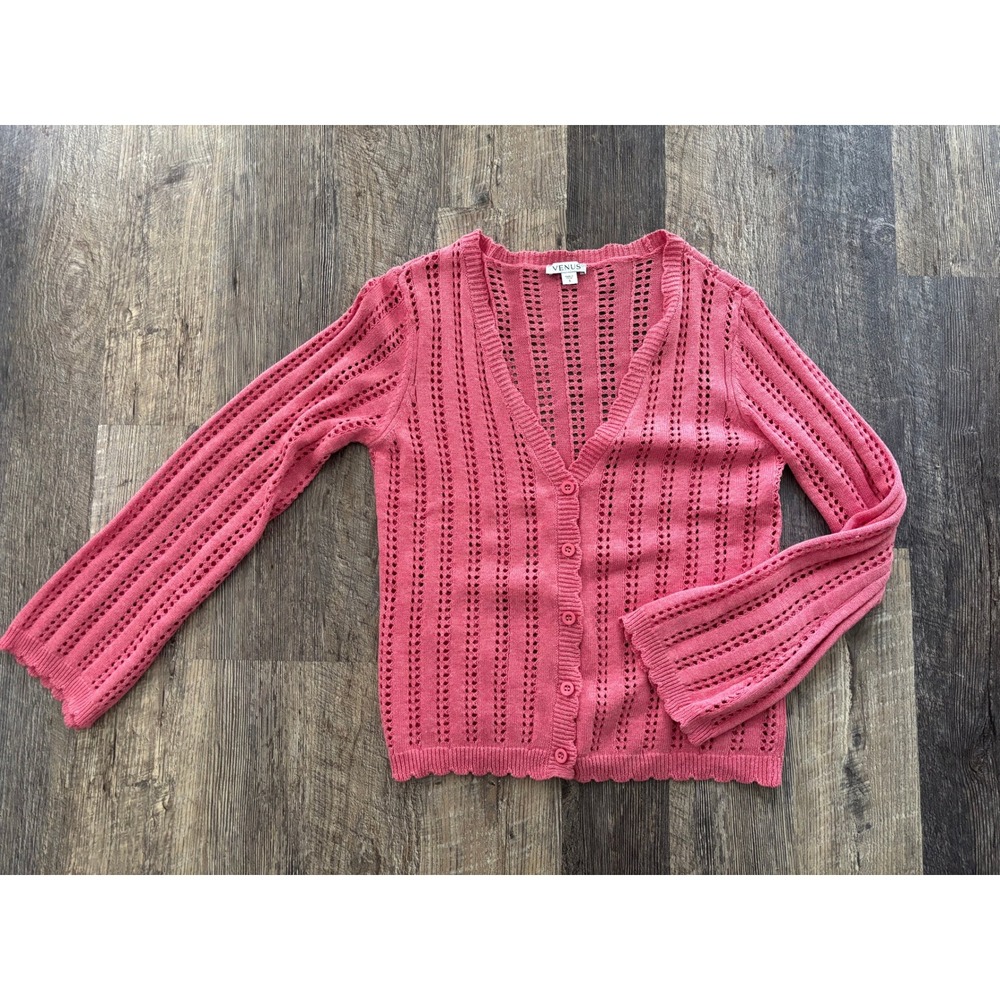 Venus Womens Pointelle Knit Cardigan Sweater Coral Pink Cotton V-Neck Small